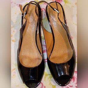 Clarks Shiny Black Peep-Toe Slingbacks